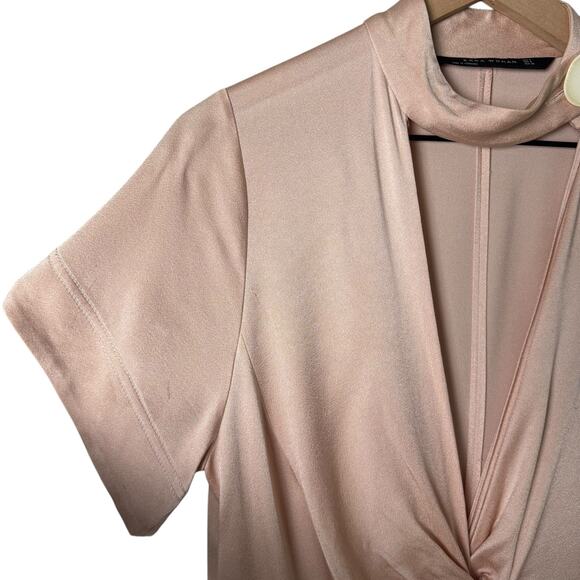 Zara Blush Knotted Satin Midi Dress Plunging Neckline Leg Slit Button Collar, S - Picture 7 of 15